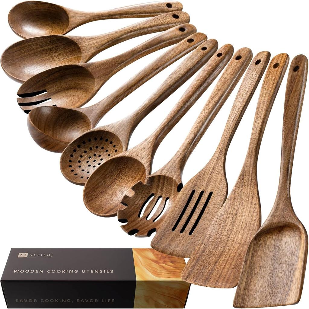 Wooden Spoons for Cooking, Nonstick Cooking Utensil Set with 10 Piece Acacia Wooden Spatulas and Spoons for Cooking, Terrific for Everyday Kitchen