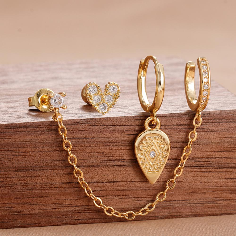 Fashion Zircon Eye Leaf Shaped Dangle Earrings Set for Women Stainless Steel Chain Ear Stud Ear Clip Trend Birthday Jewelry Gift
