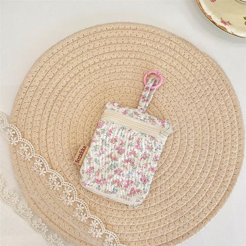 Ins Floral Kpop Photocard Holder with Carabiner Floral Print Earphone Key Holder for Girl Small Organizer Bag for Daily Travel