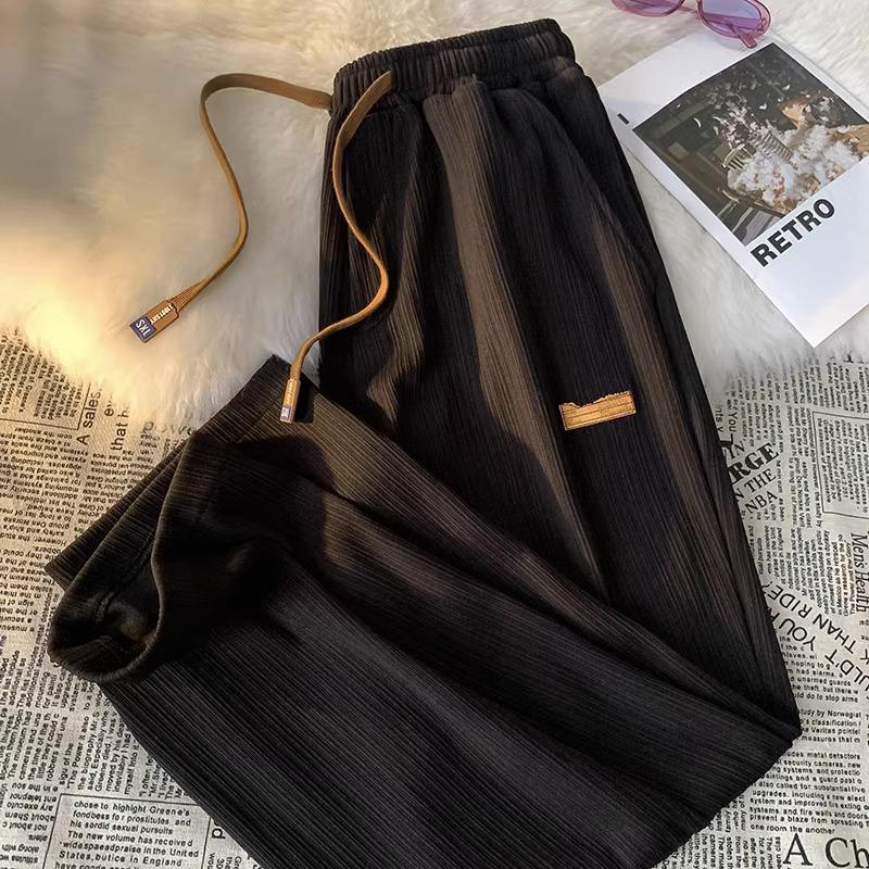 Summer Pleated Loose Plus Size Floor-Length Textured Trousers: Slimming, Straight-Leg, Lazy Style