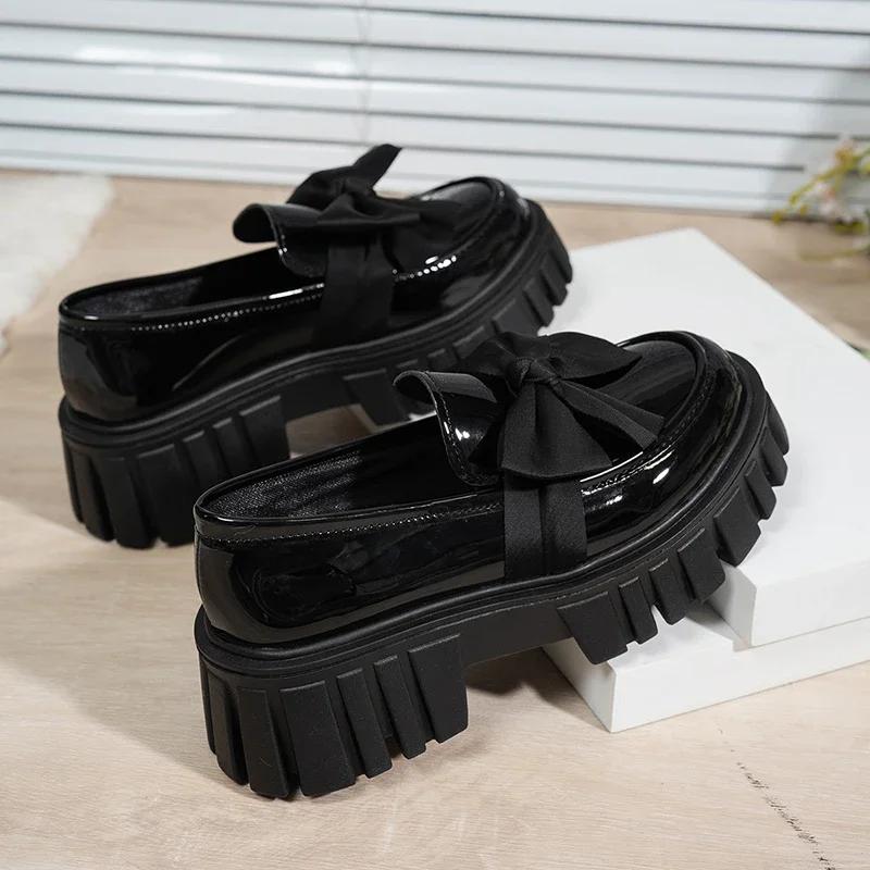 Fashion College Style Black Japan School Uniform Shoes Women Big Bowtie Chunky Platform Pumps Woman Thick Bottom Patent Leather Loafers