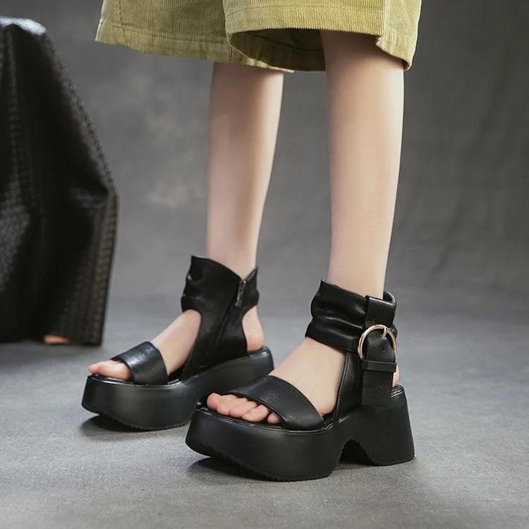 Johnature Thick Soled Sandals Genuine Leather Side Zipper Height Increasing Women's Platform Shoes