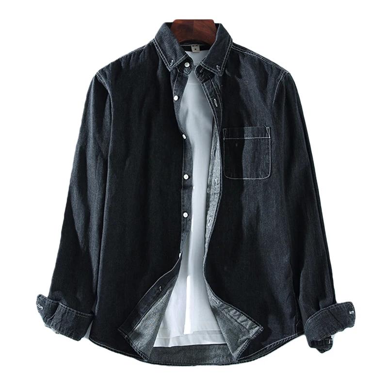 

Men s Casual Denim Shirt Simple Casual Cotton Slim Jean Long Sleeve Shirt Male Clothes Top Blue S чёрный