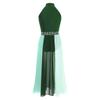 Girls Modern Lyrical Dance Dress Mock Neck Sleeveless Sparkly Rhinestones Color Block Side Split Chiffon Skirt