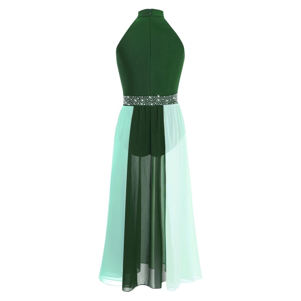 Girls Modern Lyrical Dance Dress Mock Neck Sleeveless Sparkly Rhinestones Color Block Side Split Chiffon Skirt