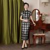 Silk cheongsam mulberry silk high-end dress women's summer retro black and white plaid Chinese style small people can wear