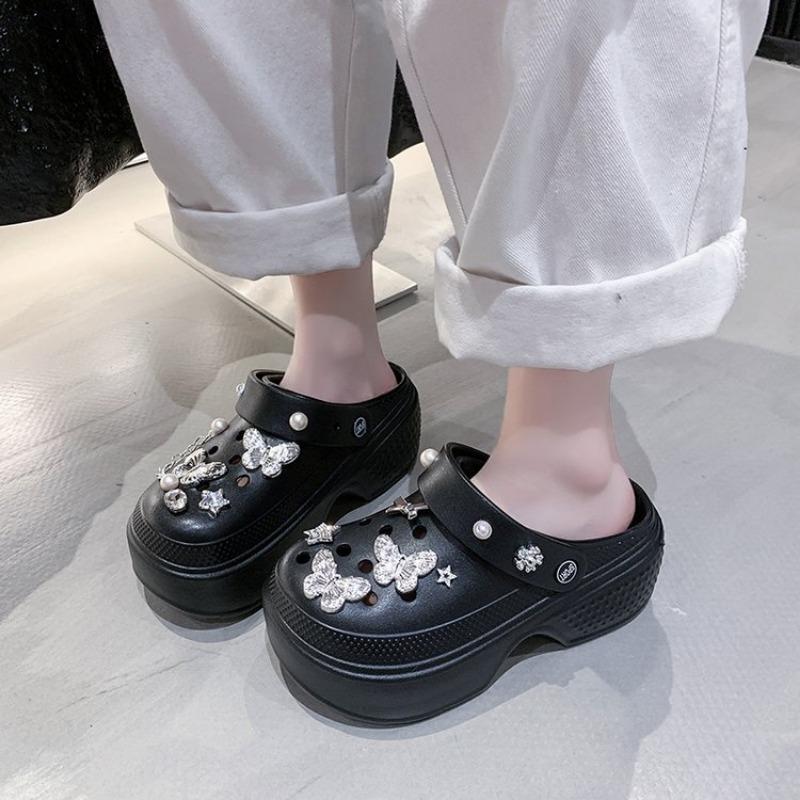 

Модные блестящие жемчужные туфли с бриллиантами, милые шлепанцы-сабо с декором в виде медведя, платформа 7 см, уличные пляжные сандалии, летние женские тапочки 36-37 чёрный