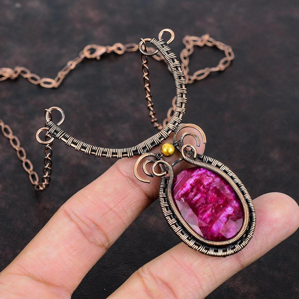 Faceted Kashmir Ruby Gemstone Necklace Copper Wire Wrapped Jewelry Adjustable Necklace Handmade Copper Wire Wrapped Necklace Engagement Gift