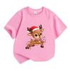 Kids Boys Girls 100% Cotton Crew Neck Short Sleeve T-Shirt, Cute Christmas Reindeer with Santa Hat Fairy Lights Pattern Casual Holiday Tee Tops for Ch
