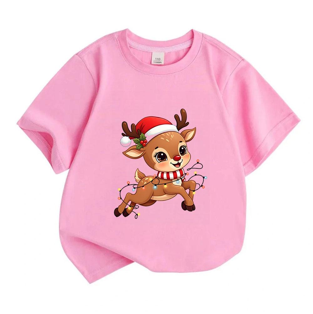 Kids Boys Girls 100% Cotton Crew Neck Short Sleeve T-Shirt, Cute Christmas Reindeer with Santa Hat Fairy Lights Pattern Casual Holiday Tee Tops for Ch