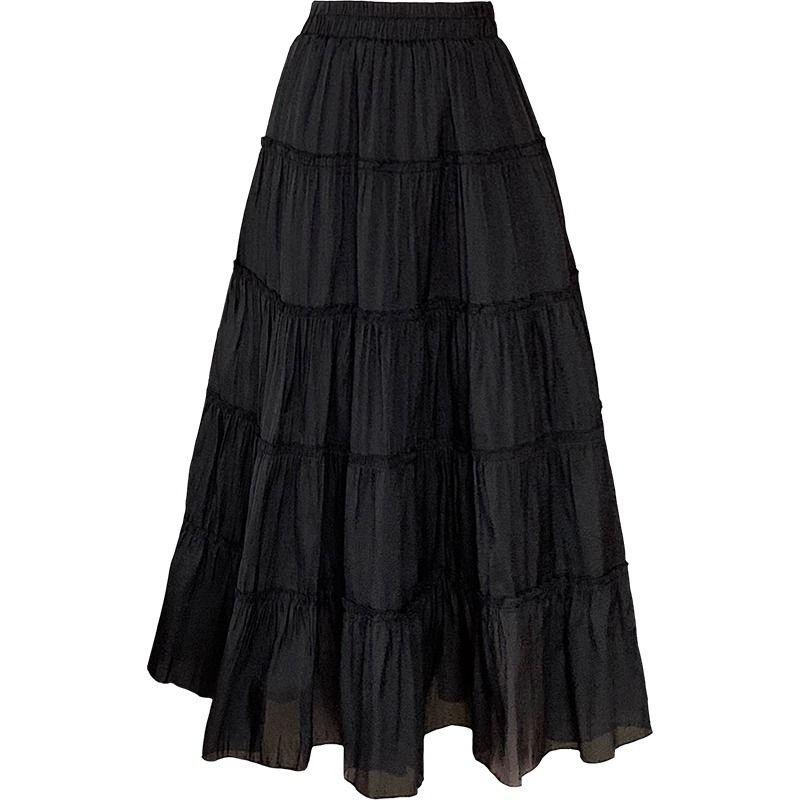 Women's Summer Ruffled Tencel Chiffon A-Line Tiered Skirt Mid-Length High Waist Slimming Skirt
