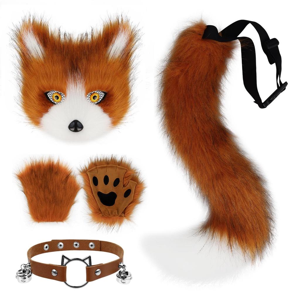 Halloween Fox Mask & Gloves with Plush Tail and Collar Set for Cosplay