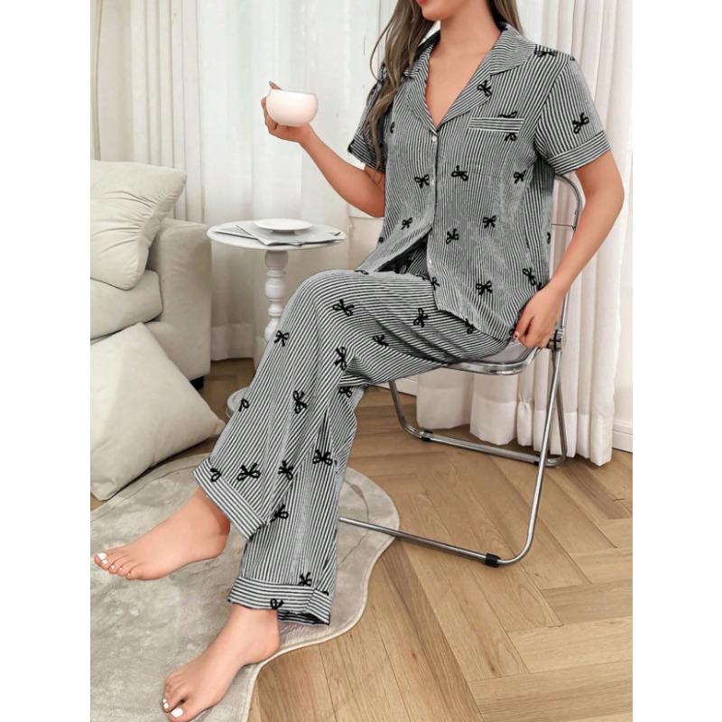 Women Striped Bow Turn Down Collar Short Sleeve Long Pants Two Piece Pajama Loungewear Set