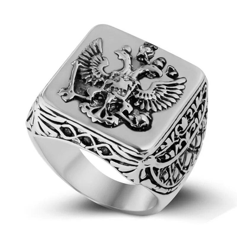 FDLK Bague chevalière tendance pour homme Empire russe Aigle bicéphale Bagues pour homme Punk Couleur or Armoiries de la Russie Grosse bague