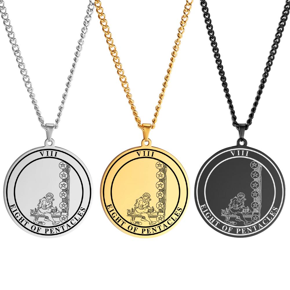 LIKGREAT Spiritual Tarot Necklace for Men and Women Pentacles Pendants Necklaces Vintage Round Stainless Steel Jewelry Gift