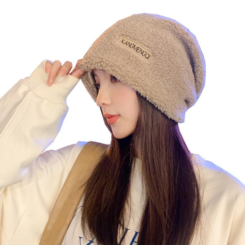 Face Small Pile Hat Women'S Spring And Autumn Versatile Plush Hat Winter Knitted Headhat Black Big Head Circumference Cold Hat