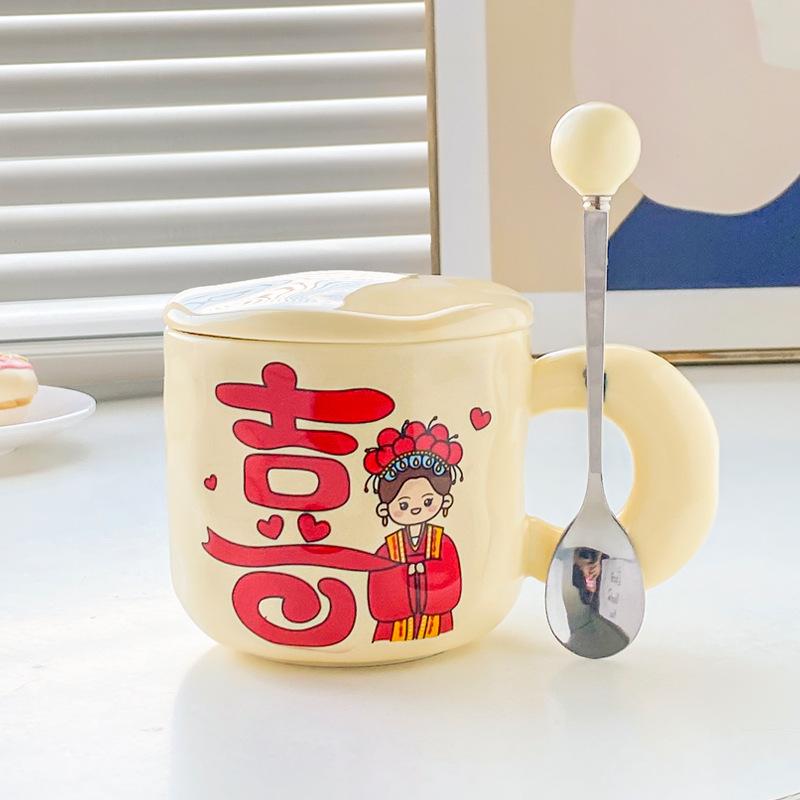 Cute High-value Festive Mug with Lid Spoon Couple Pair Cup Wedding Gift Ceramic Drinking Cup Coffee Cup