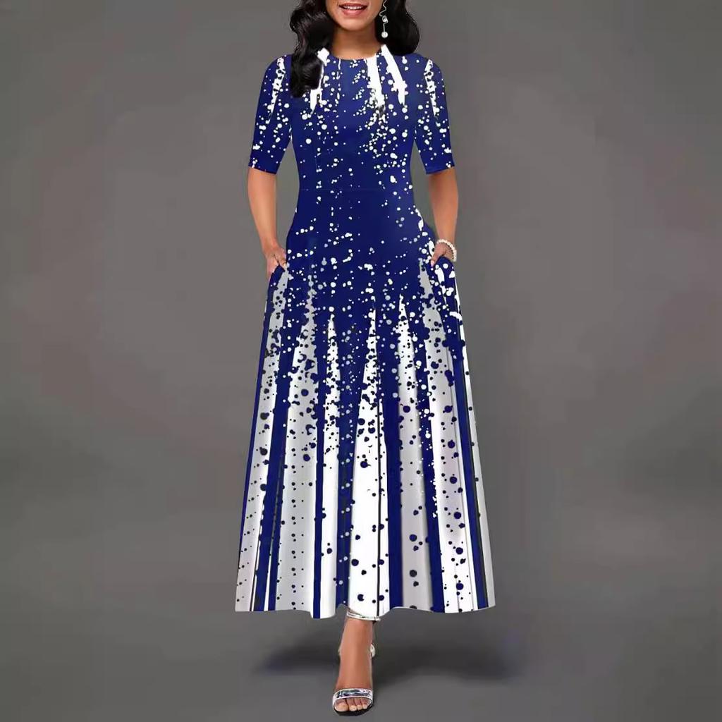 2025 New Women's Fashion Personalized Gradient Positioning Printed Round Neck Middle Sleeve Large Swing Dress