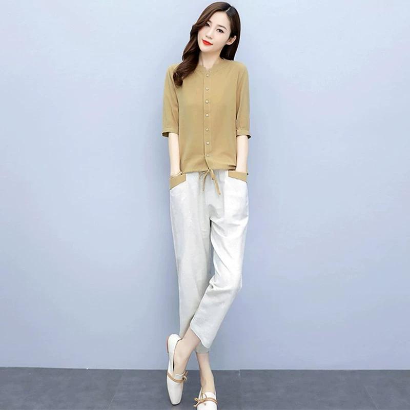 

Женский удобный повседневный комплект из двух предметов: топ с рукавом три четверти, уменьшающий возрастные изменения + брюки Nine Minute XS имбирный