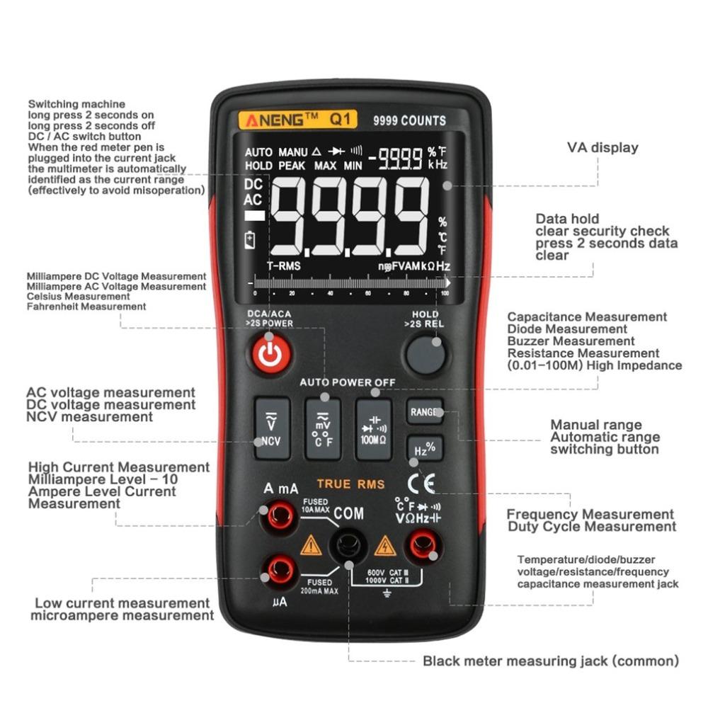 ANENG Q1 True-RMS Digital Multimeter Button 9999 Counts with Analog Bar Graph XI(Not Including Battery)(FFF2142)