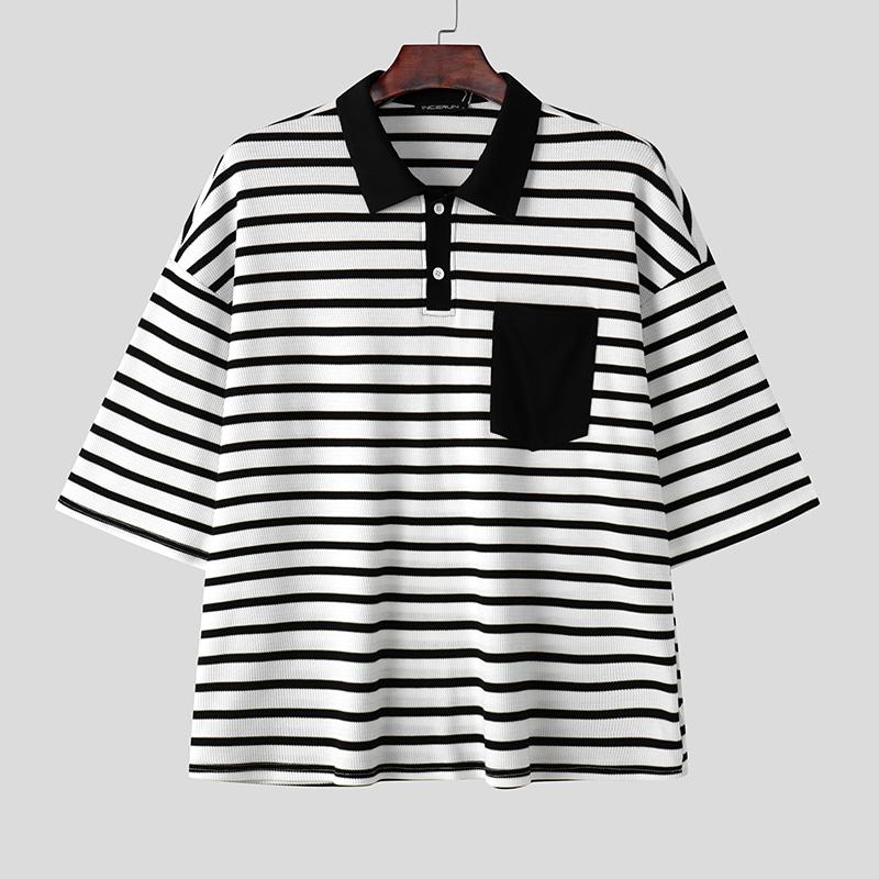 

INCERUN Oversized Summer Men Half Sleeve Patchwork Striped Casual Loose T-shirts L белый
