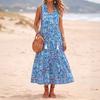 Women Sleeveless V Neck Tassel Tie Printed Dress Relaxed Fit Holiday Style Flowy Waist Tank Dress for Summer Beachwear