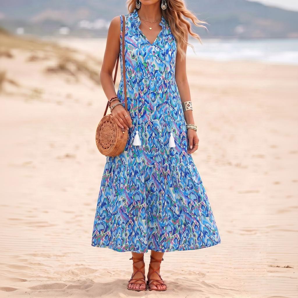 Women Sleeveless V Neck Tassel Tie Printed Dress Relaxed Fit Holiday Style Flowy Waist Tank Dress for Summer Beachwear