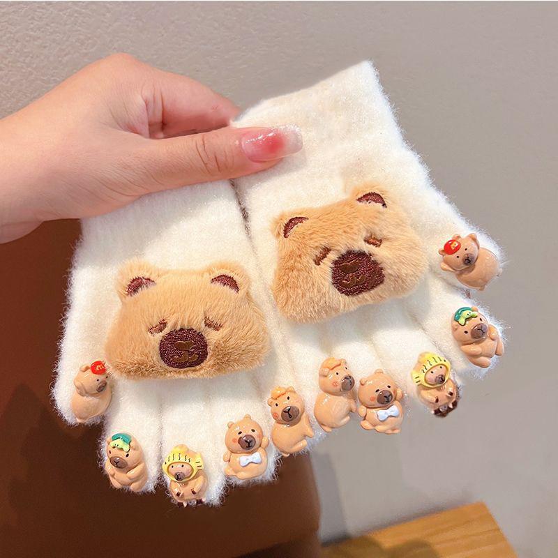 1 Paar Niedliche Cartoon Capybara Handschuhe Kinder Winter Dicke Handschuhe Outdoor Winddicht Warme Handschuhe Kältefest Fünffingerhandschuhe Geschenke