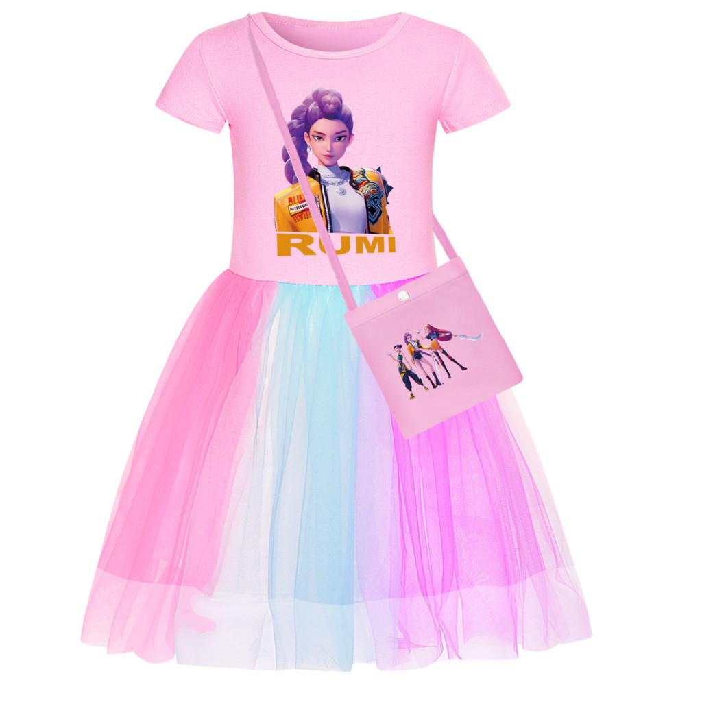 Rochie Casual din Bumbac cu Mâneci Scurte și Guler Rotund, cu Imprimeu Anime Desene Animate Cântăreață POP Super Star Rumi Zoey Mira, din Plasă Curcubeu