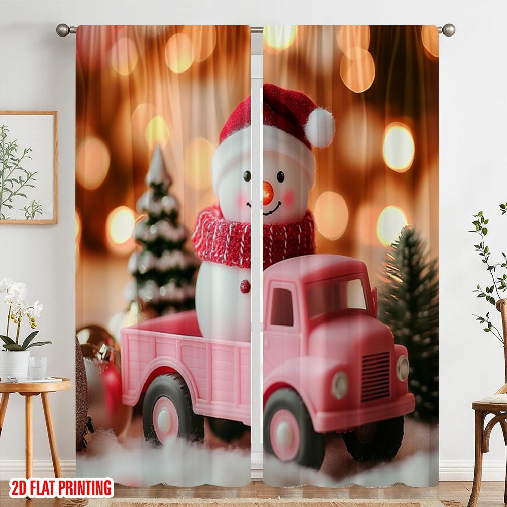 2pcs,2D plane printing Curtains Digital Printed Cute Snowman Truck Christmas Versatile 100% Polyester (without rod) Art Deco