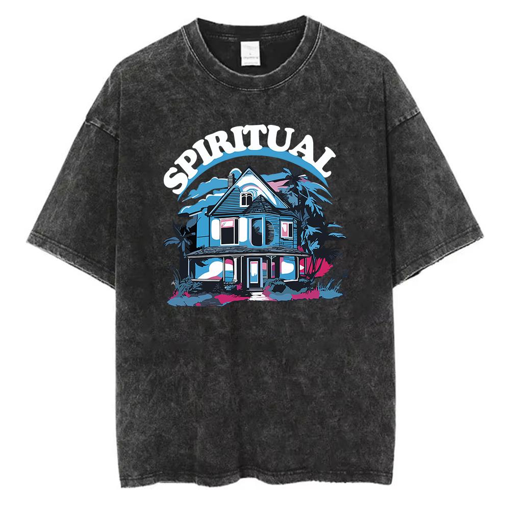 Vintage Womens Acid Wash TShirts Here Comes The Sun Printing Tees Crewneck Cotton Oversize Short Sleeve Fashion FeUnisex Clothes S