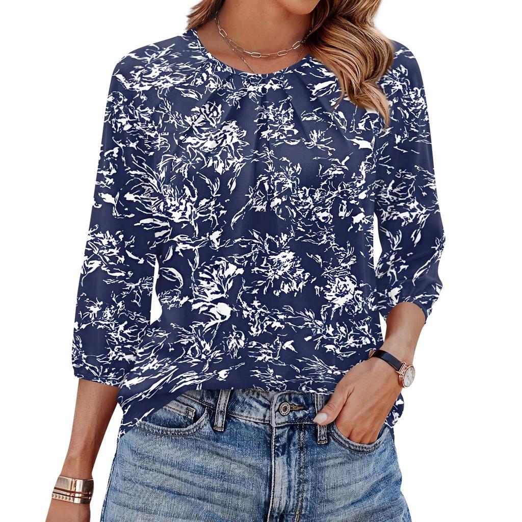 Women's Floral Print 3/4 Sleeve Round Neck Pleated Top Lightweight Casual Blouse Suitable for Daily Wear and Various Occasions