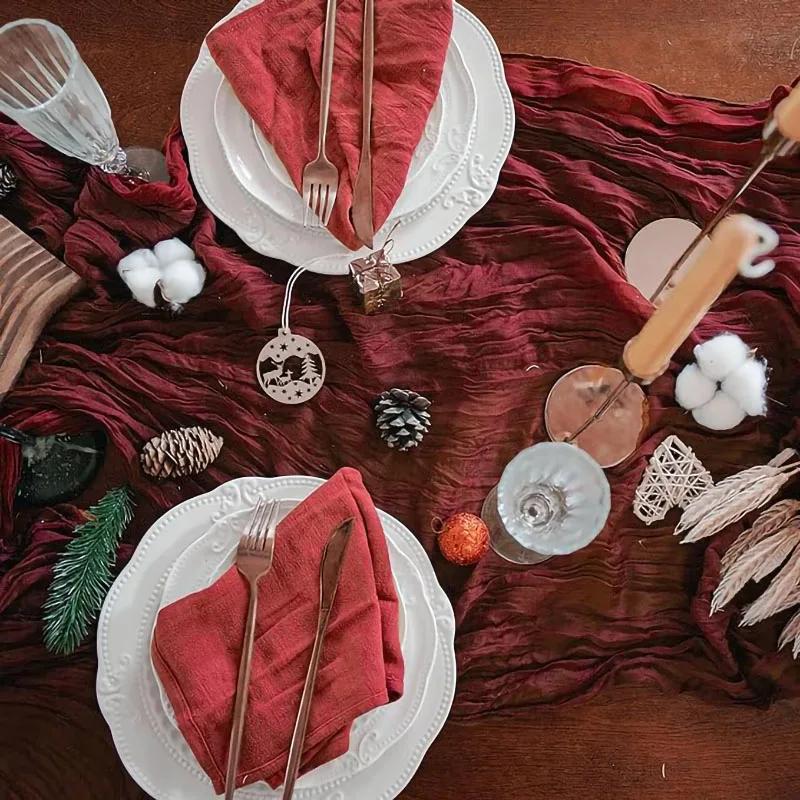 8pcs Wine Red Table Runner Rustic Burgundy Cheesecloth Table Runner For Wedding Birthday Party Christmas Tablecloth Overlay Deco