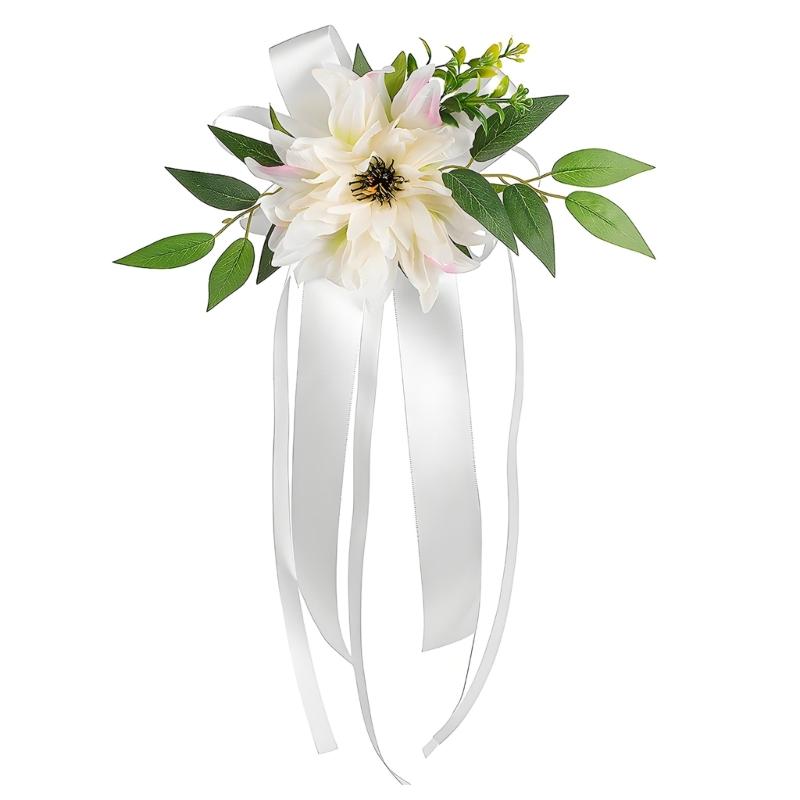 Romantics Florals Rearview Mirror Bowknot For Wedding Car Faux Flowers And Ribbon Chair Back Flower Decoration