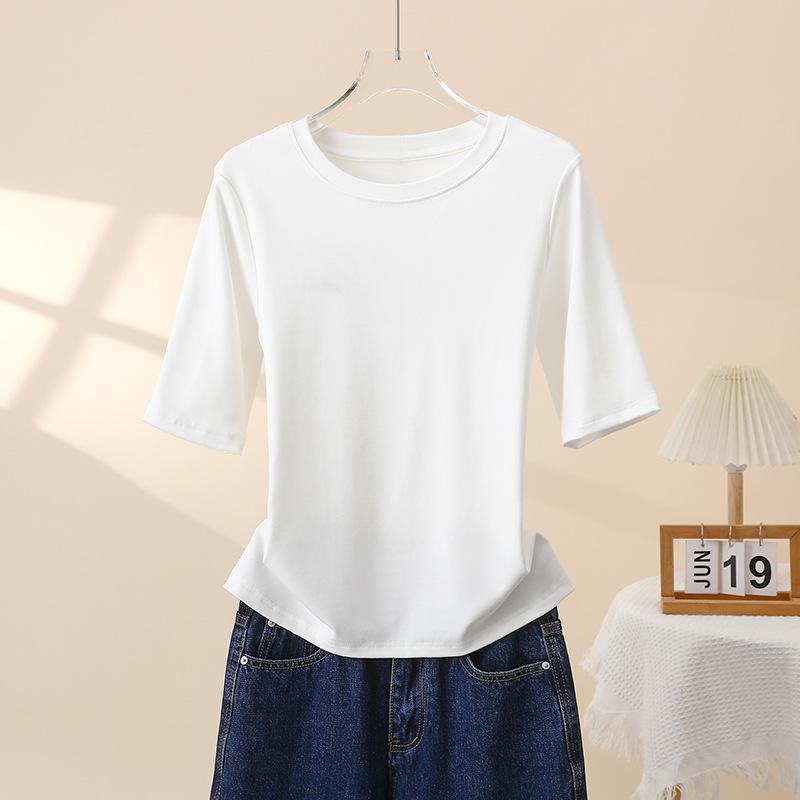 

Women s Slimming Stretch Cotton Mid-Sleeve Straight Shoulder Top M [40-50kg]