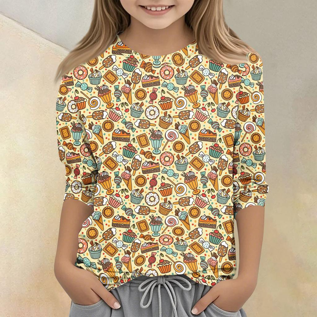 Children's Printed Round Neck Seven Quarter Sleeve Casual T-shirt