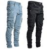 ZYLLO Street Elastic Jeans Men Denim Cargo Pants Wash Solid Color Multi Pockets Casual Mid Waist Trousers Slim Fit Daily Wear Joggers