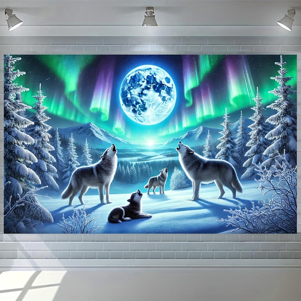 Aurora Wolf Howl Tapestry Snow Moon Night Forest Background Cloth Living Room Room Decoration Ins Hanging Cloth 100X70CM