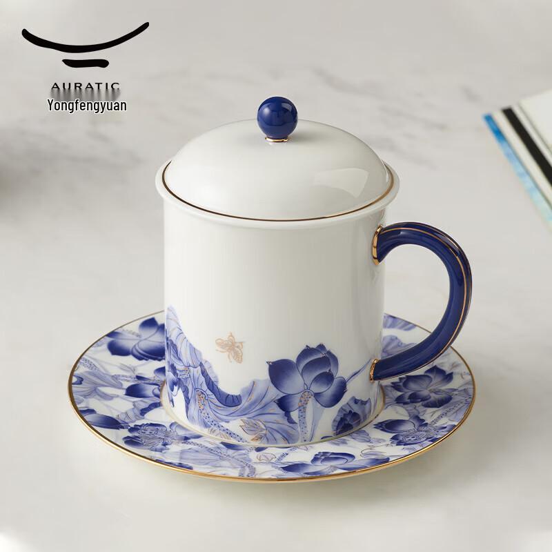 Auratic Happiness & Harmony Blue & White Ceramic Covered Mug