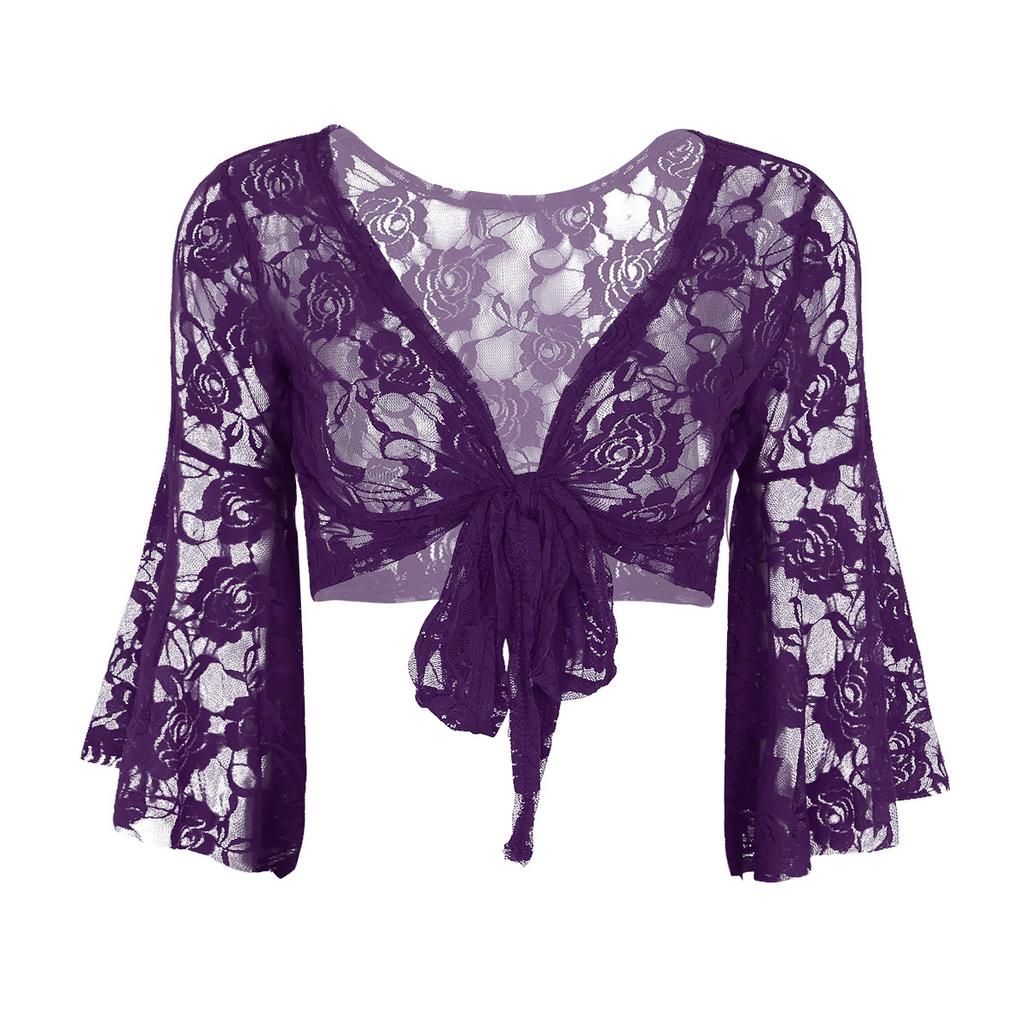 Elegant Women Lace Wedding Party Long Flare Sleeves Shrug Cropped Jacket Shrug For Evening Formal Prom Bolero