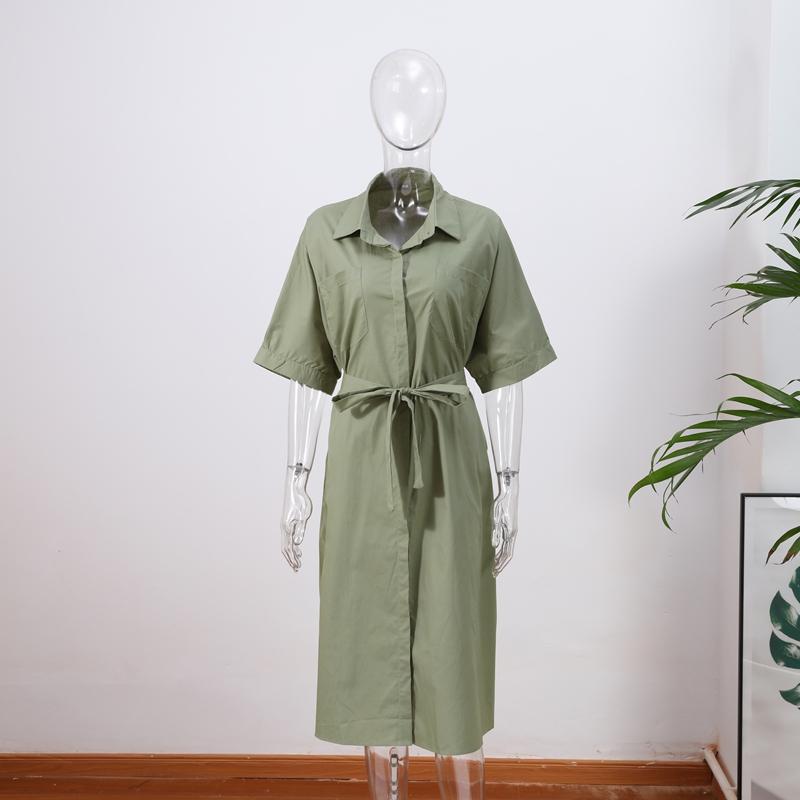Casual Women's Lace Up Dress Single-Breasted Turn-Down Collar Short Sleeve Lady Dresses Loose Female Robe