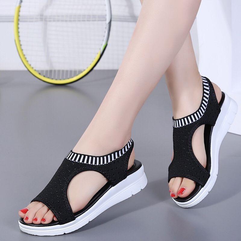 Fish mouth sandals women's wish new large size knitted flat sandals women's summer new beach sandals side trade shoes
