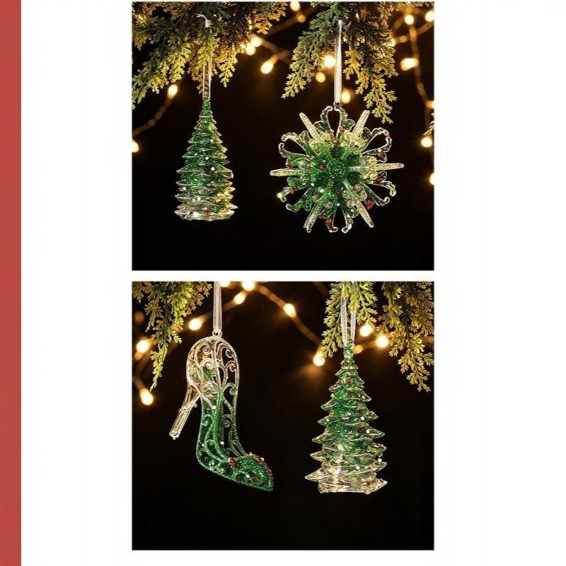 Green Glitter Christmas Hanging Ornament Sparkling Reindeer/High Heel/Tree /Snowflake Designs Pendants With Ribbon Decor