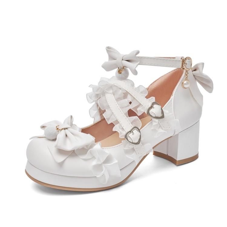 Cross Strap Girls High Heels Women Mary Jane Pumps Wedding Party Shoes Sweet Ruffles Bow Princess Cosplay Lolita Shoes 29-43