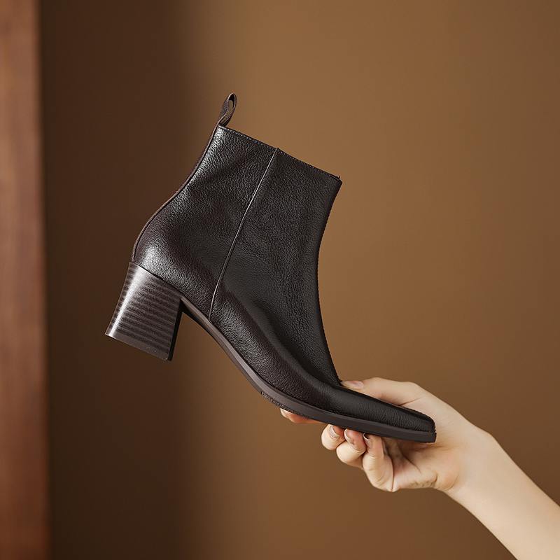 Krazing Pot Zimní kožené kozačky na středním podpatku se špičatou špičkou Chelsea pro ženy, elegantní dámské kotníkové boty na zip