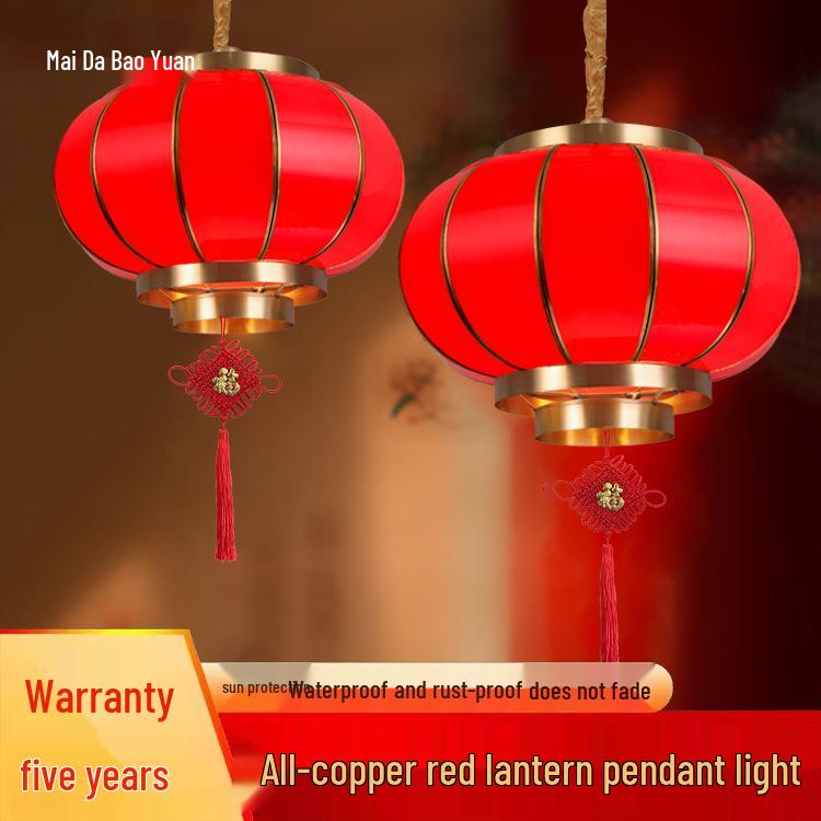 All-Copper Chinese Red Lantern Pendant Light - Waterproof Outdoor Sun Protection for Balcony or Villa Gate 30cm Auspicious Blessing LED