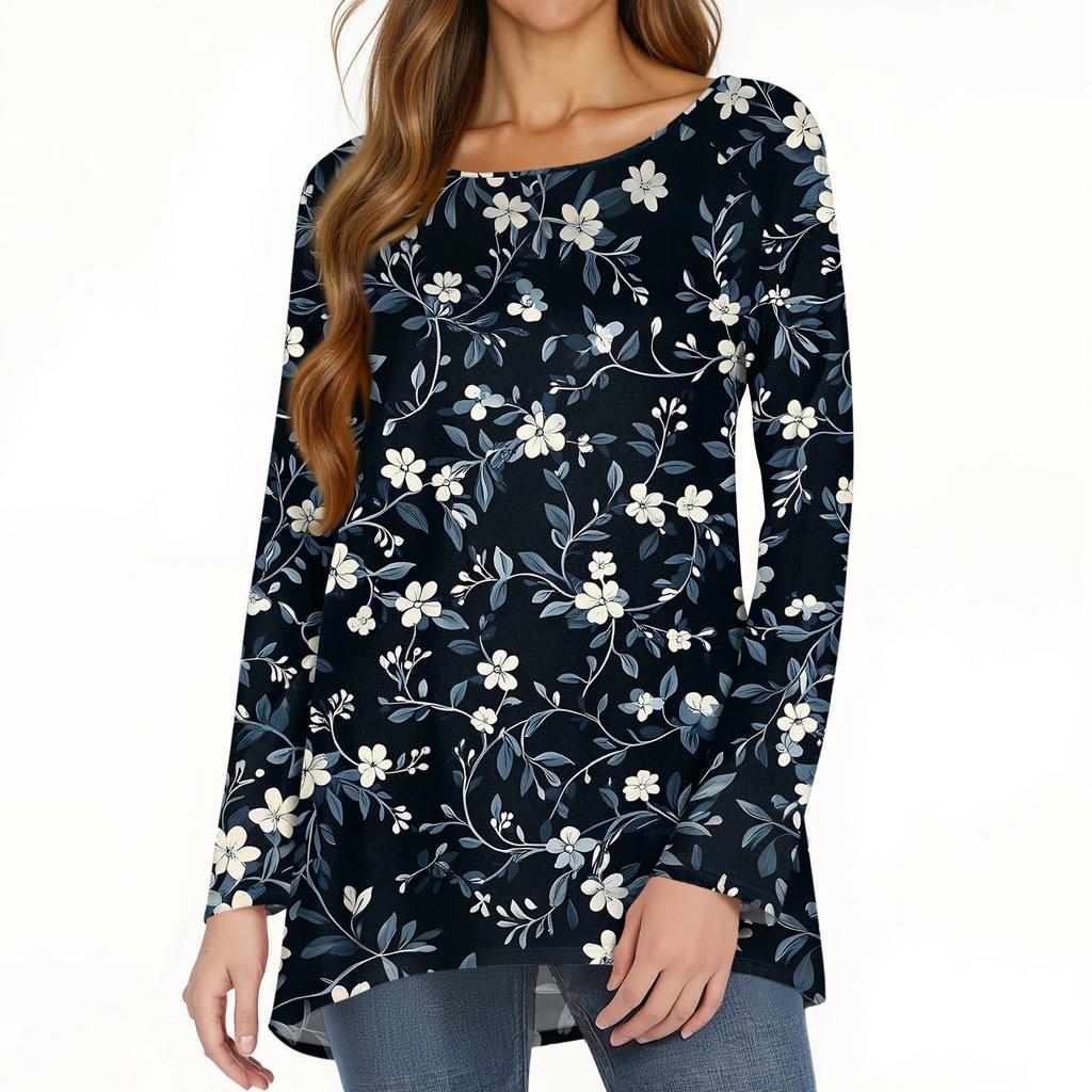 Women's Fashion Casual Long Sleeve Print Round Neck Pullover Top Blouse