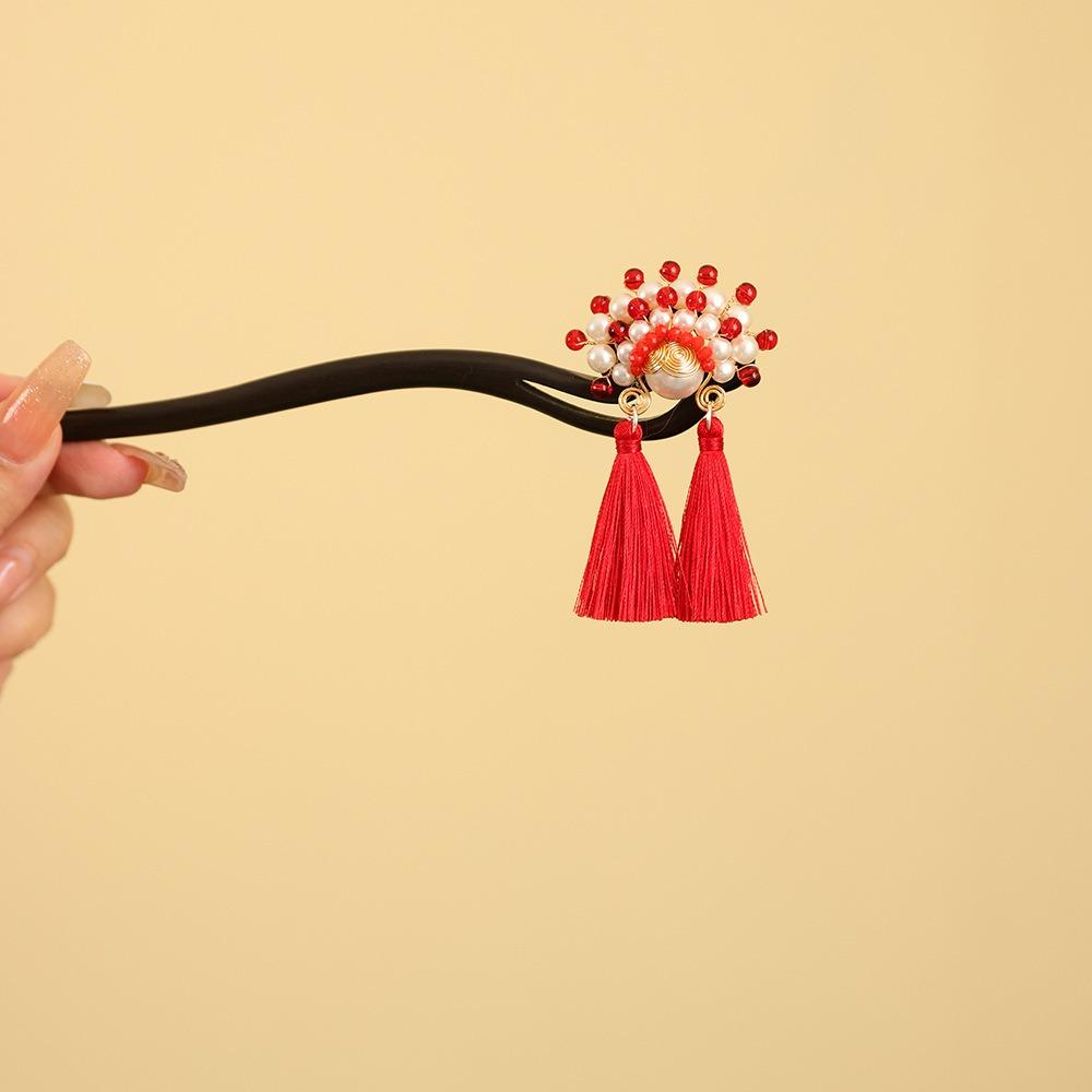 Red Wooden Hair Stick Tassel Hanfu Hairpin Classical New Chinese Style Hair Clip  Bridal
