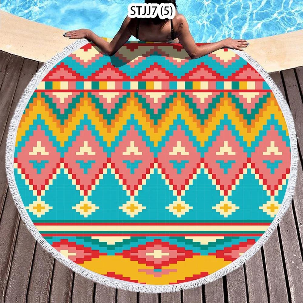 Ethnic Plaid Beach Creative Swimming Towel Microfiber Round Beach Towel Mandala Stripes Adult Large Round Bath Towel