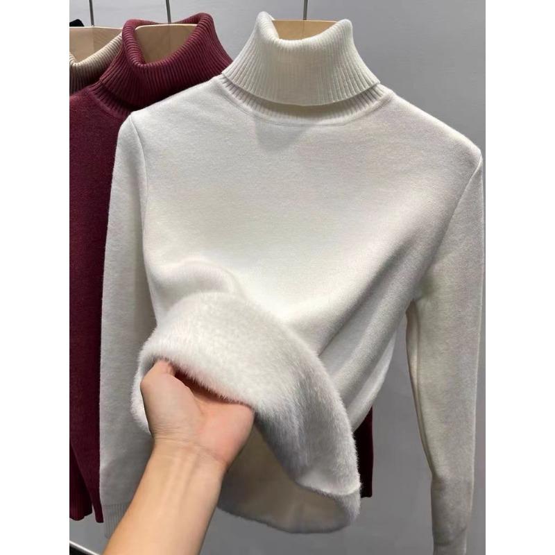 Autumn Winter Turtleneck Fleece Women Sweater Thick Warm Top Bottoming Shirt Inner Pullover Casual Simple Knitted Sweaters Loose Basic Simple Clothing